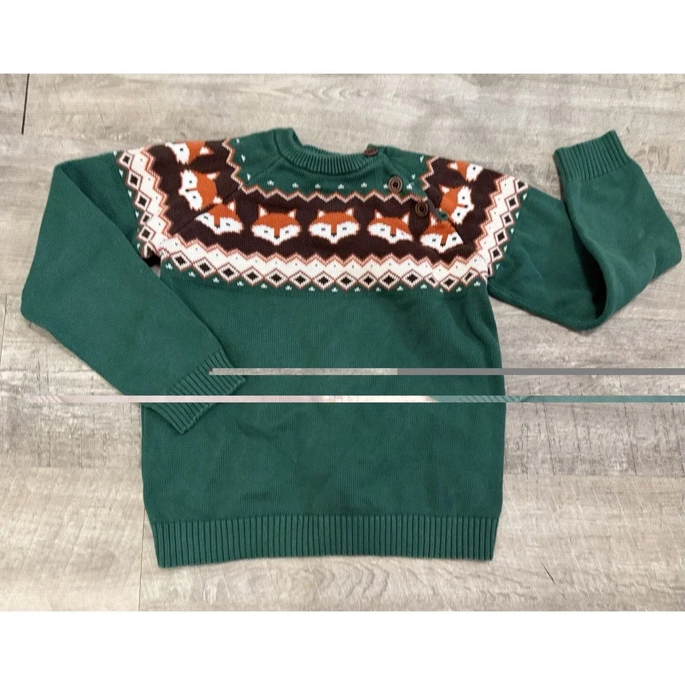 GYMBOREE Boys Green Fox FairIsle Cotton Sweater Size 12 Fall Long Sleeve Button